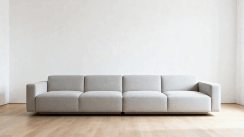 minimalist modern living room with neutral sofa against white wall, clean interior design, wooden floor, and bright natural light ambiance