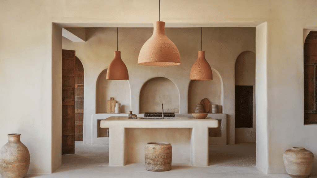 minimalist stucco kitchen with arched niches, clay pendant lights, and built in island table