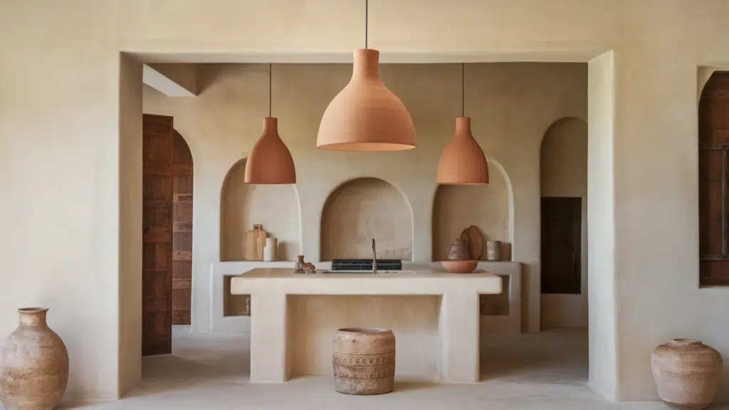 minimalist stucco kitchen with arched niches, clay pendant lights, and built in island table