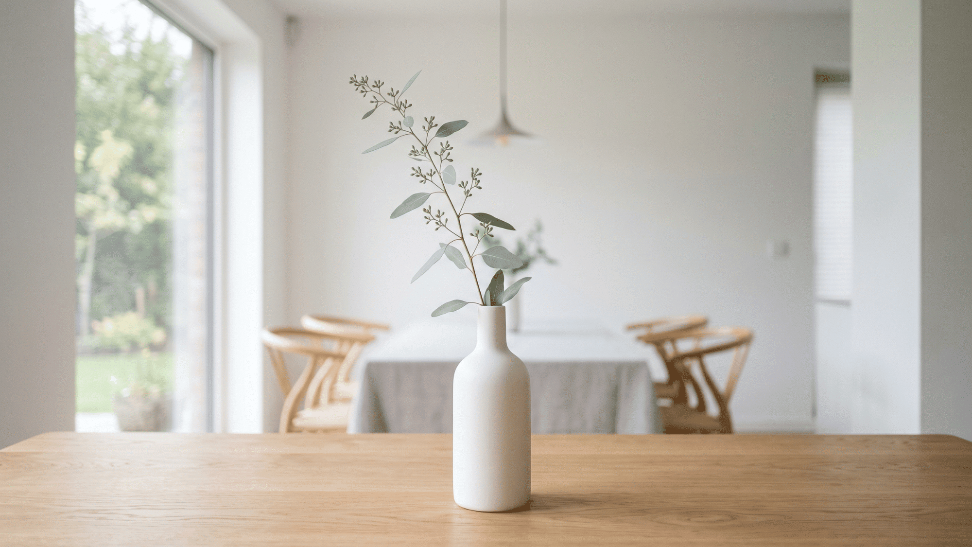 minimalist vase with single stem as a clean dining table centerpiece
