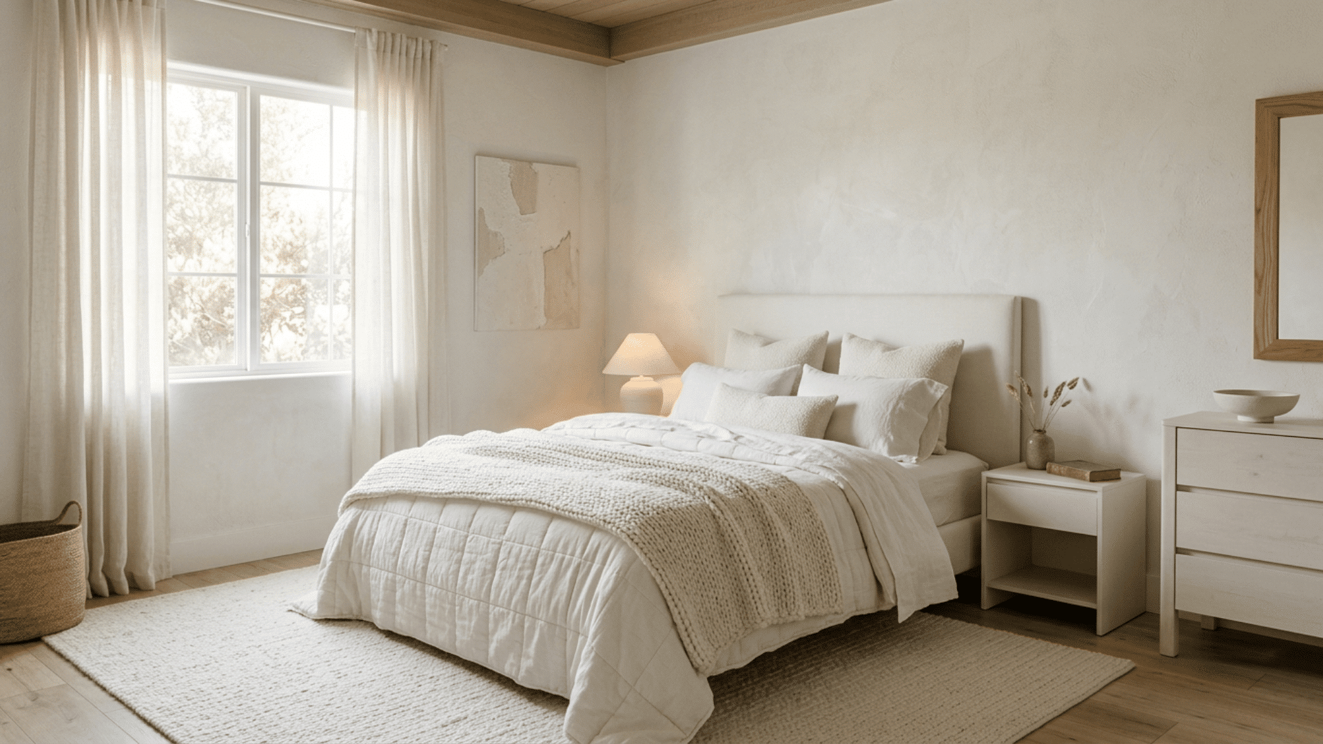 minimalist white bedroom with soft textures, light wood accents, natural light, and clean design for a peaceful space