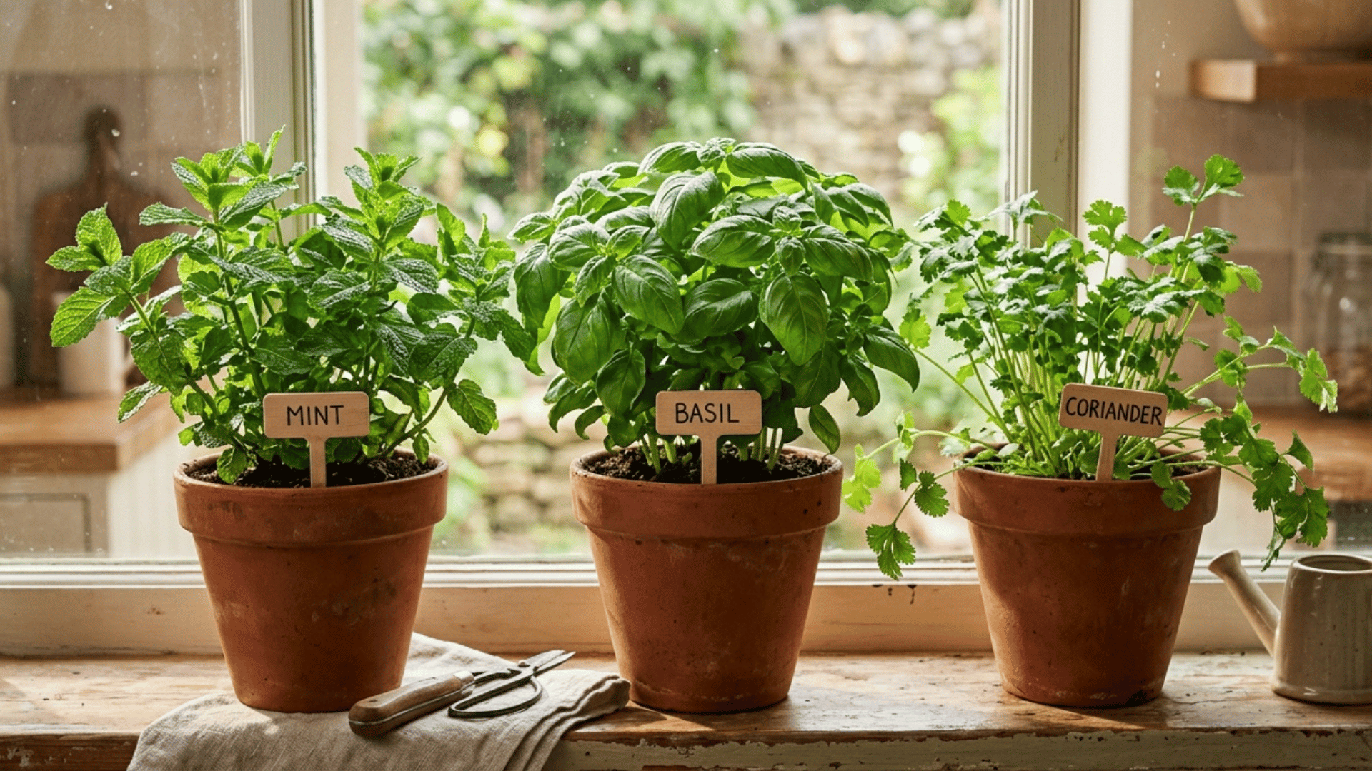 mint, basil, and coriander herbs growing in pots on a sunny windowsill.