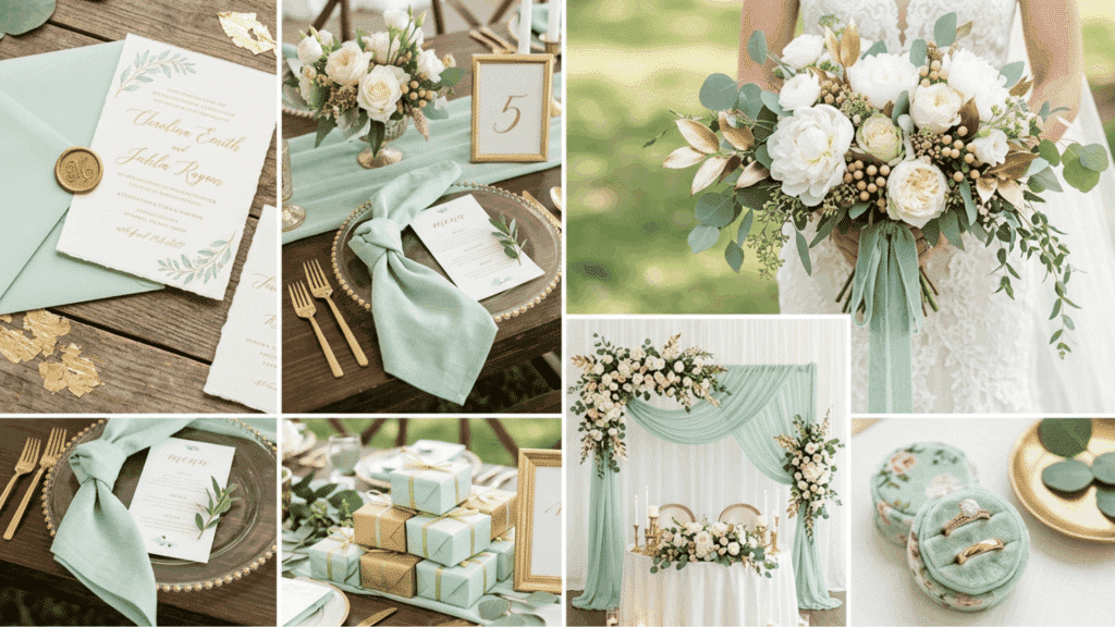 mint green and gold wedding color scheme collage with light decor florals and table styling