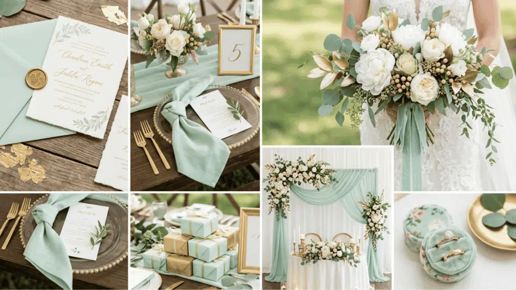 mint green and gold wedding color scheme collage with light decor florals and table styling