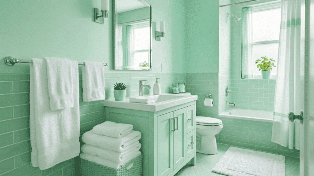 mint green bathroom with light tiles, chrome fixtures, and soft green towels