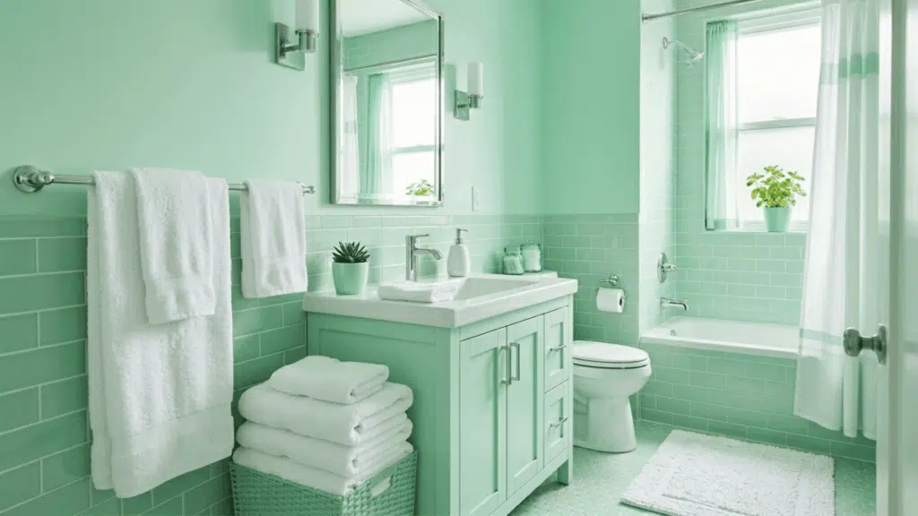 mint green bathroom with light tiles, chrome fixtures, and soft green towels