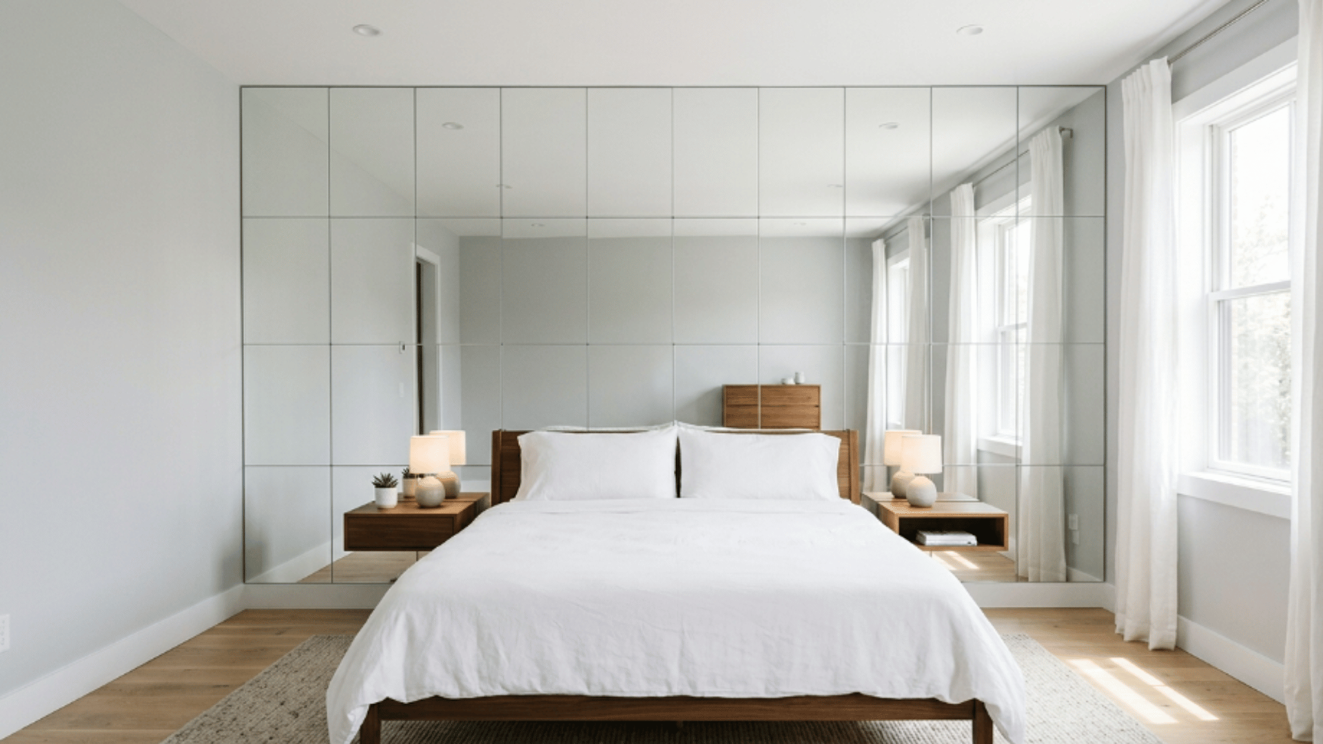 mirror panels reflecting light and making the bedroom feel larger and brighter