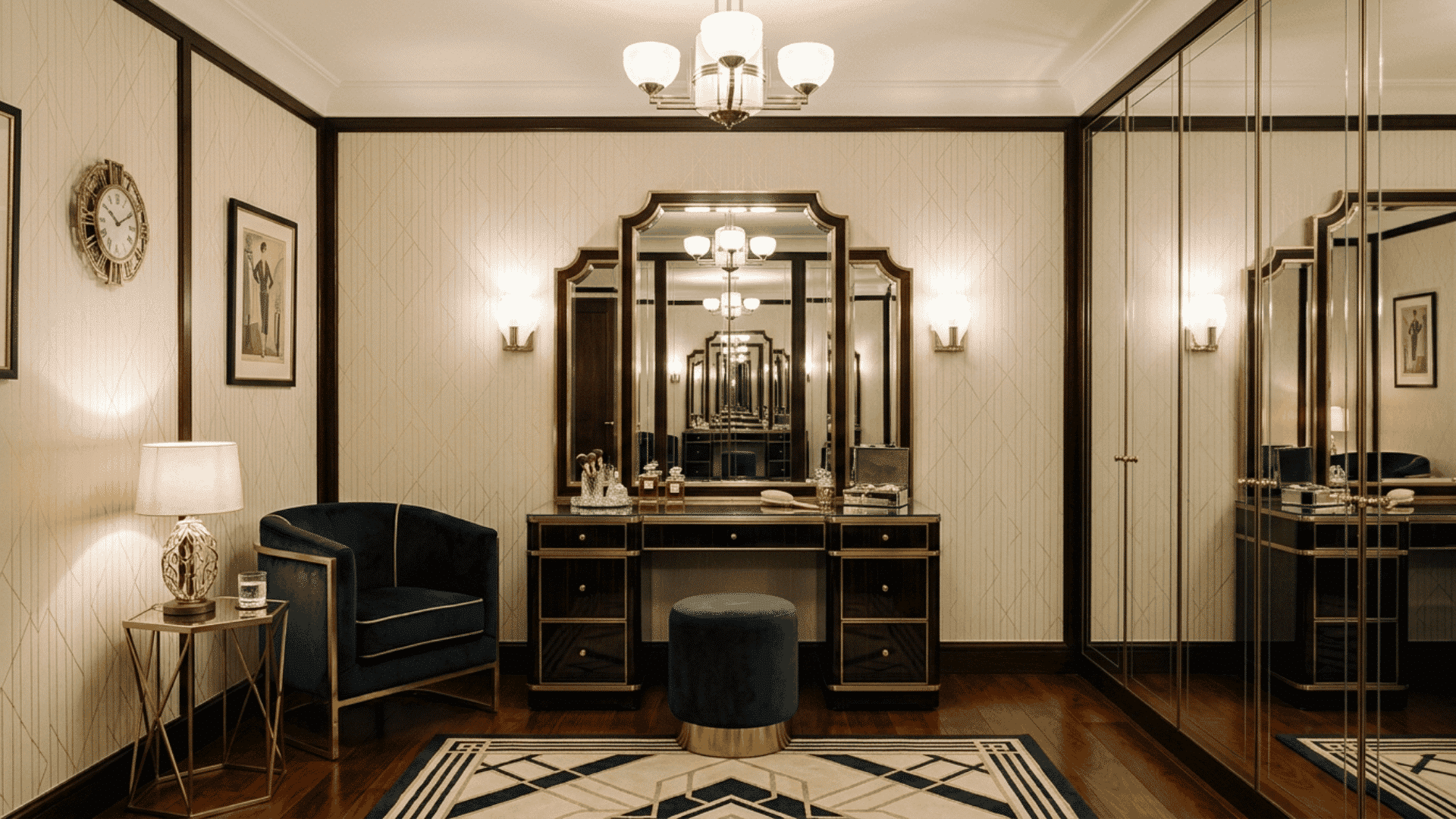 mirrored vanity furniture in art deco dressing room with velvet chair, geometric rug, and balanced lighting across space