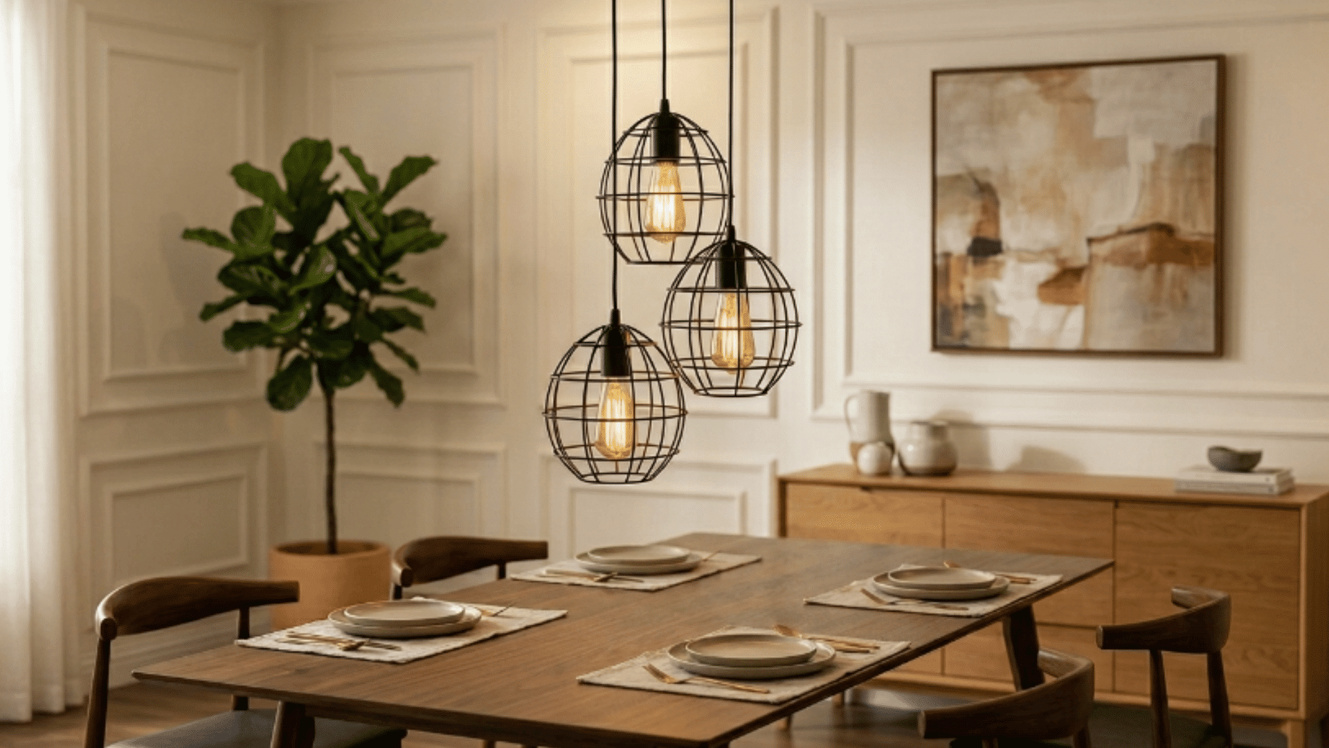 mixed material pendant light above empty dining table showing metal and glass design clearly (1)