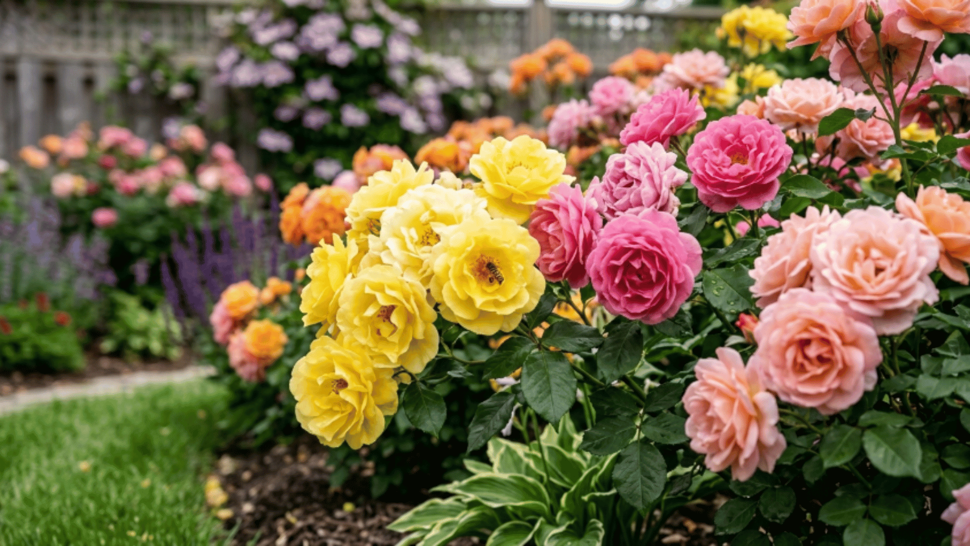 mixed rose garden featuring yellow, pink, and peach blooms in layered beds, surrounded by greenery and a softly blurred backyard setting.