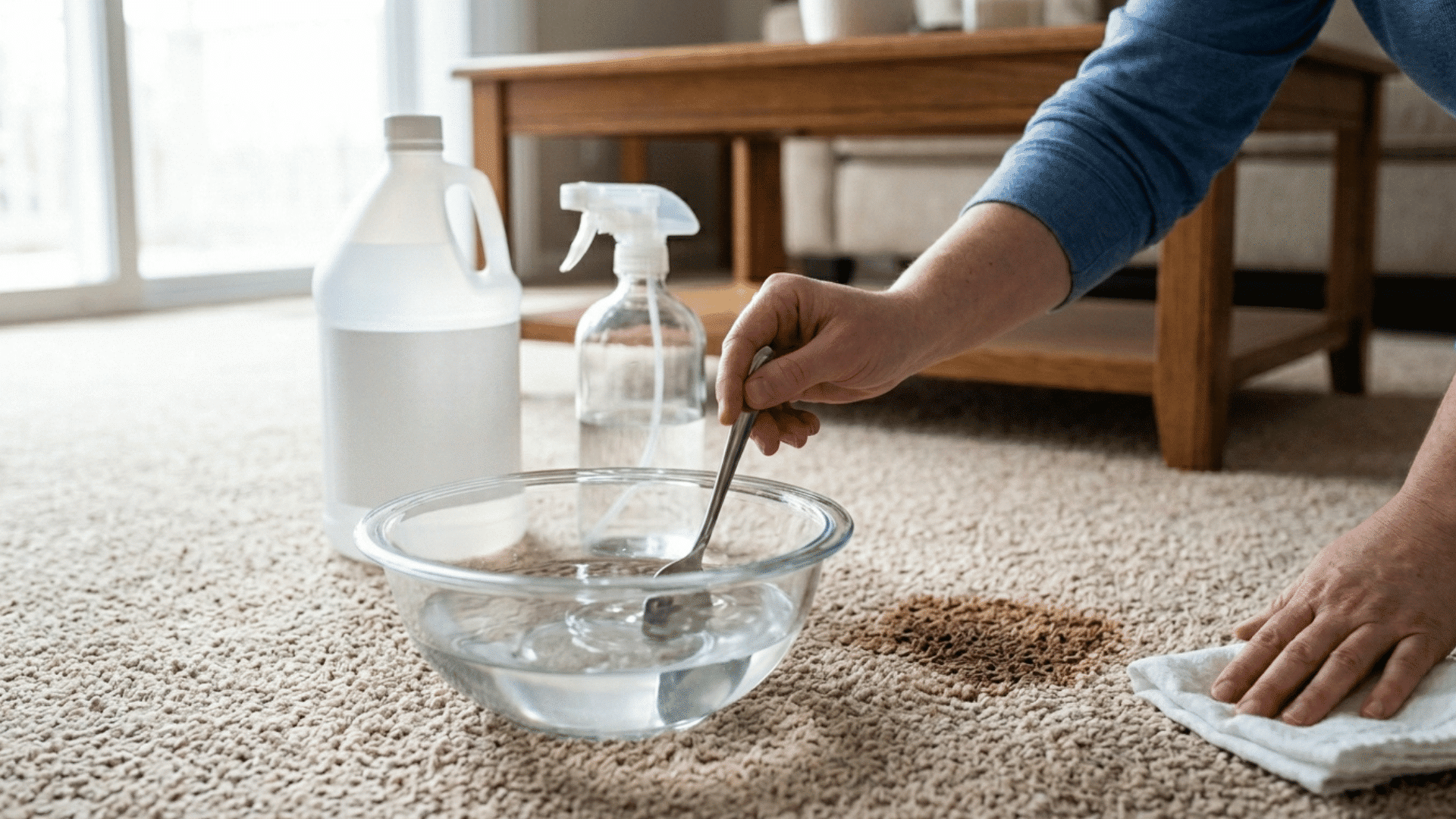 mixing cleaning solution in bowl for removing stain from carpet.