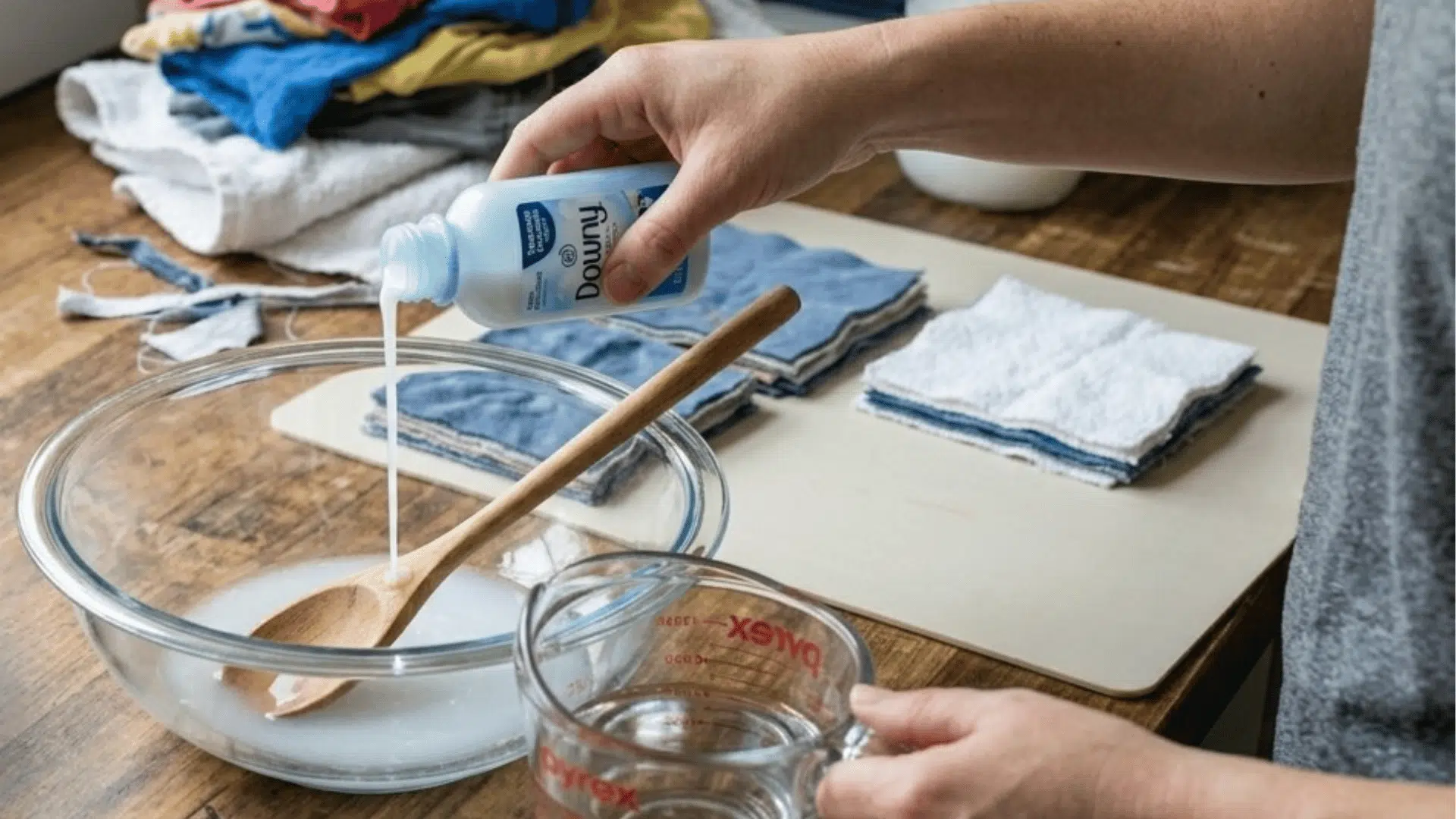 mixing fabric softener and water in a bowl for DIY dryer sheet solution.