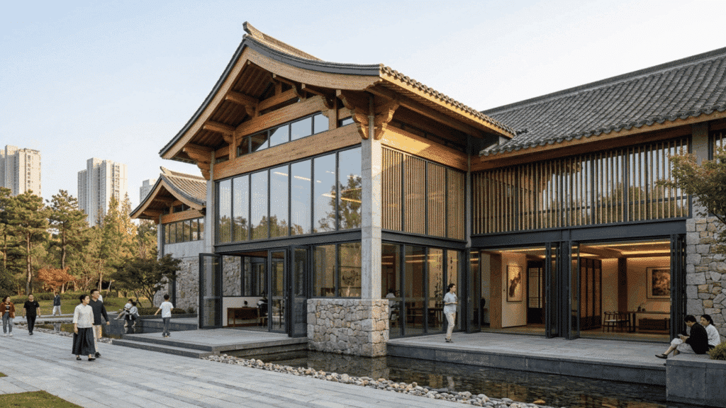 modern Chinese building combining wood, stone, and glass with traditional roof elements.