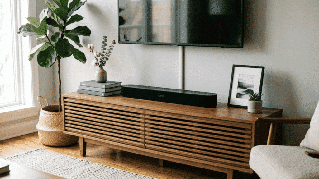 modern TV stand with soundbar, books, and plant decor in a cozy space.