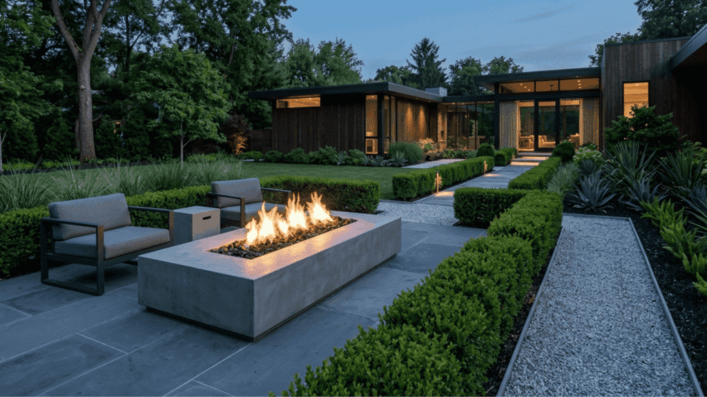 modern backyard linear concrete fire pit minimalist outdoor seating landscaped garden contemporary home dusk lighting