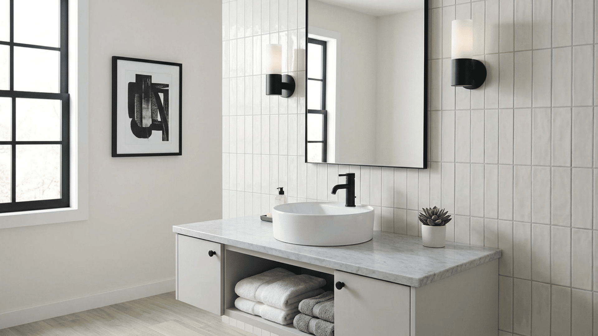 modern bathroom vanity with round sink, marble countertop, black fixtures, mirror, and neatly folded towels underneath