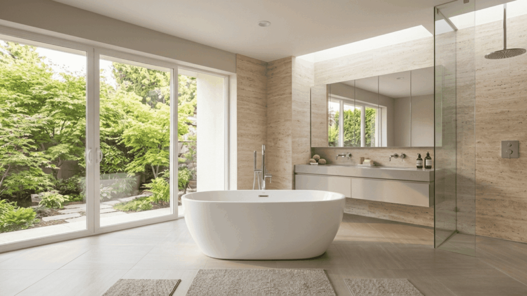 modern bathroom with freestanding white bathtub near large window, natural light, glass shower, minimalist interior design