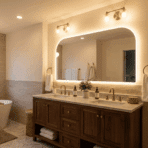 modern bathroom with layered lighting creating balanced and ambient glow.