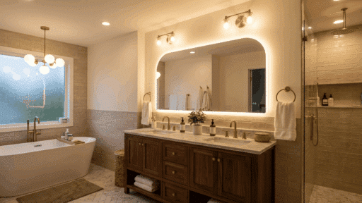 modern bathroom with layered lighting creating balanced and ambient glow.