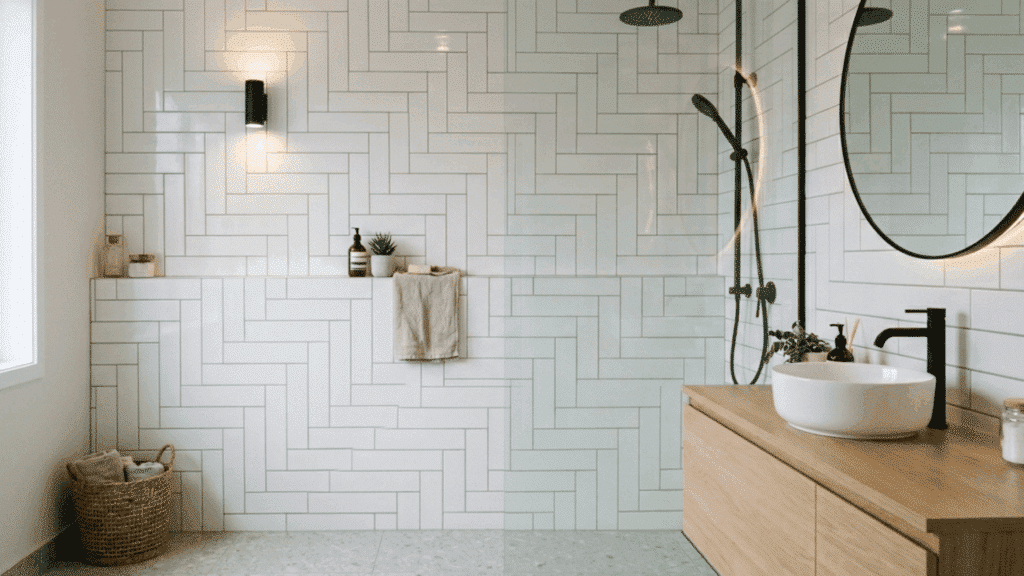 modern bathroom with white subway tiles in Stepped Brick pattern, wooden vanity, round mirror, black fixtures, and soft natural lighting