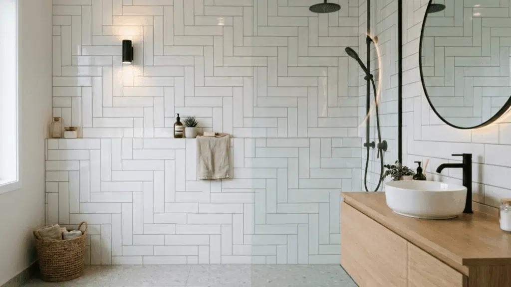 modern bathroom with white subway tiles in Stepped Brick pattern, wooden vanity, round mirror, black fixtures, and soft natural lighting
