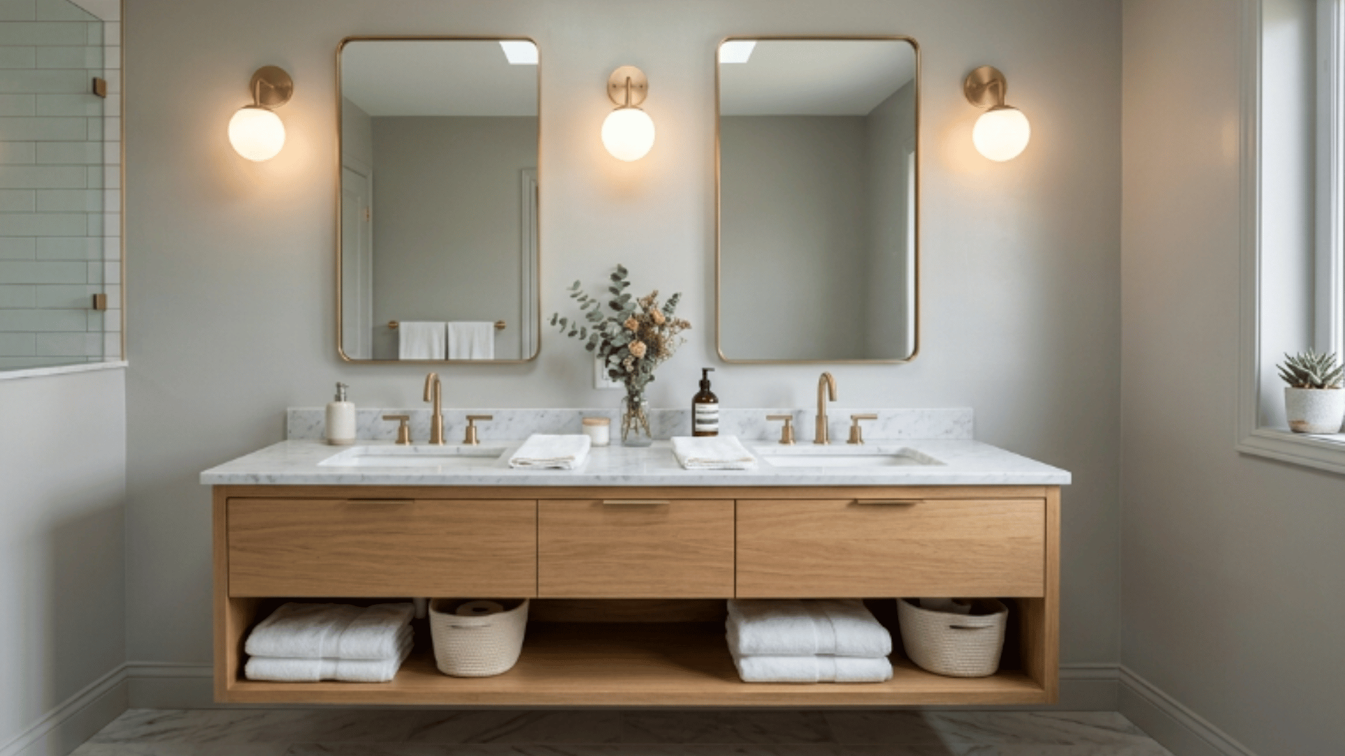 modern bathroom with wood floating double and satin paint finish vanity gold mirrors and spherical sconces
