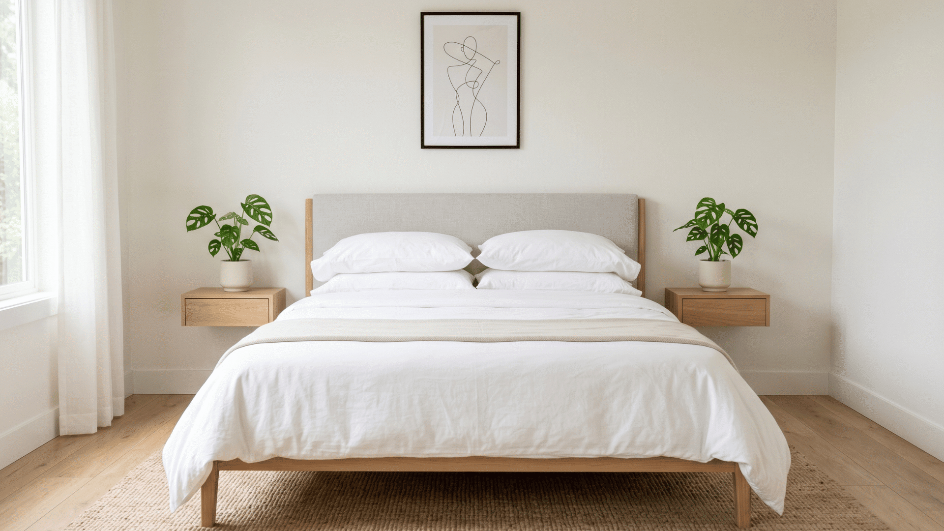 modern bedroom with bed and two small monstera plants placed beside the bed