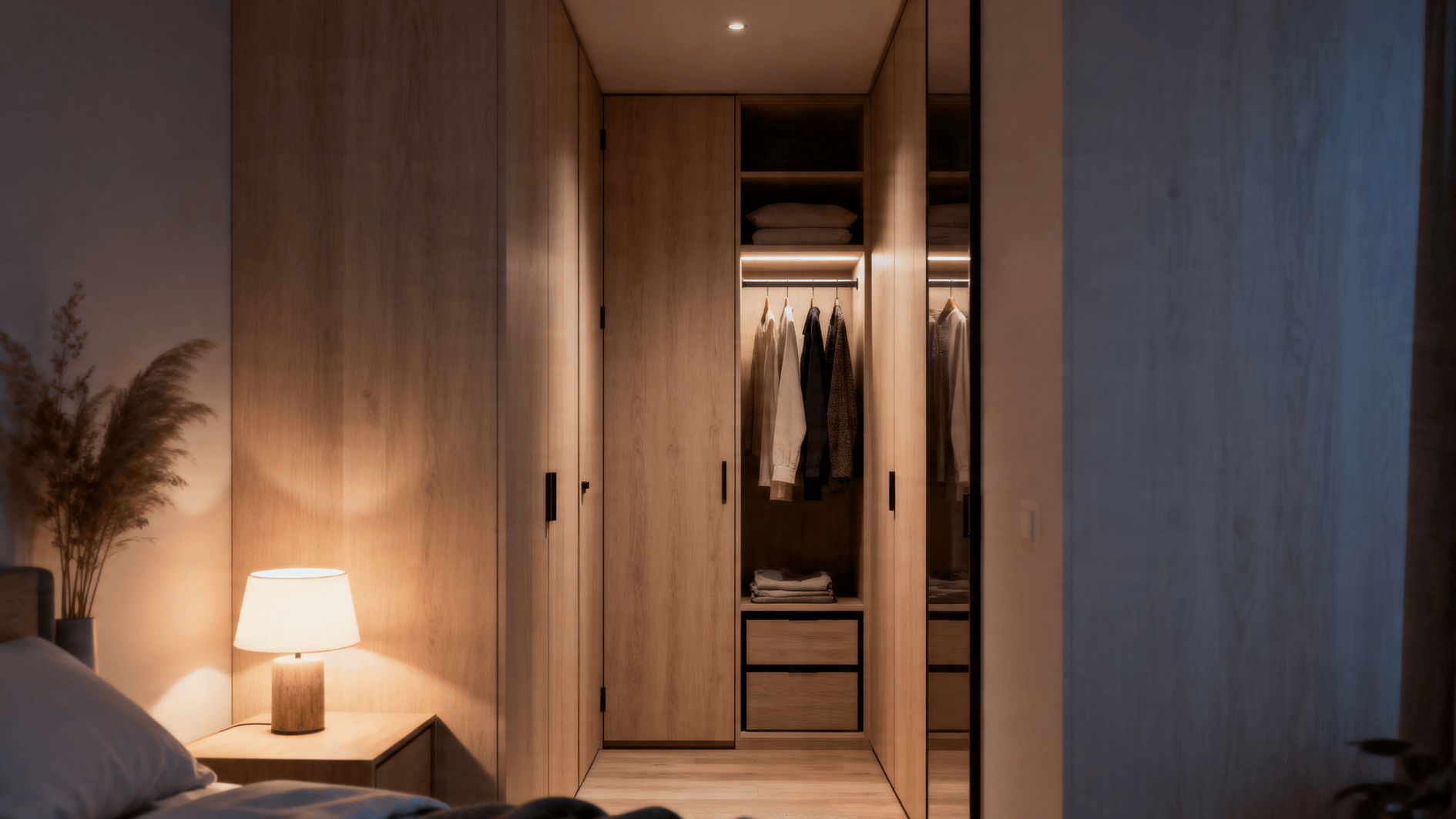 modern bedroom with wooden wardrobe and open closet soft lighting bedside lamp minimal interior design