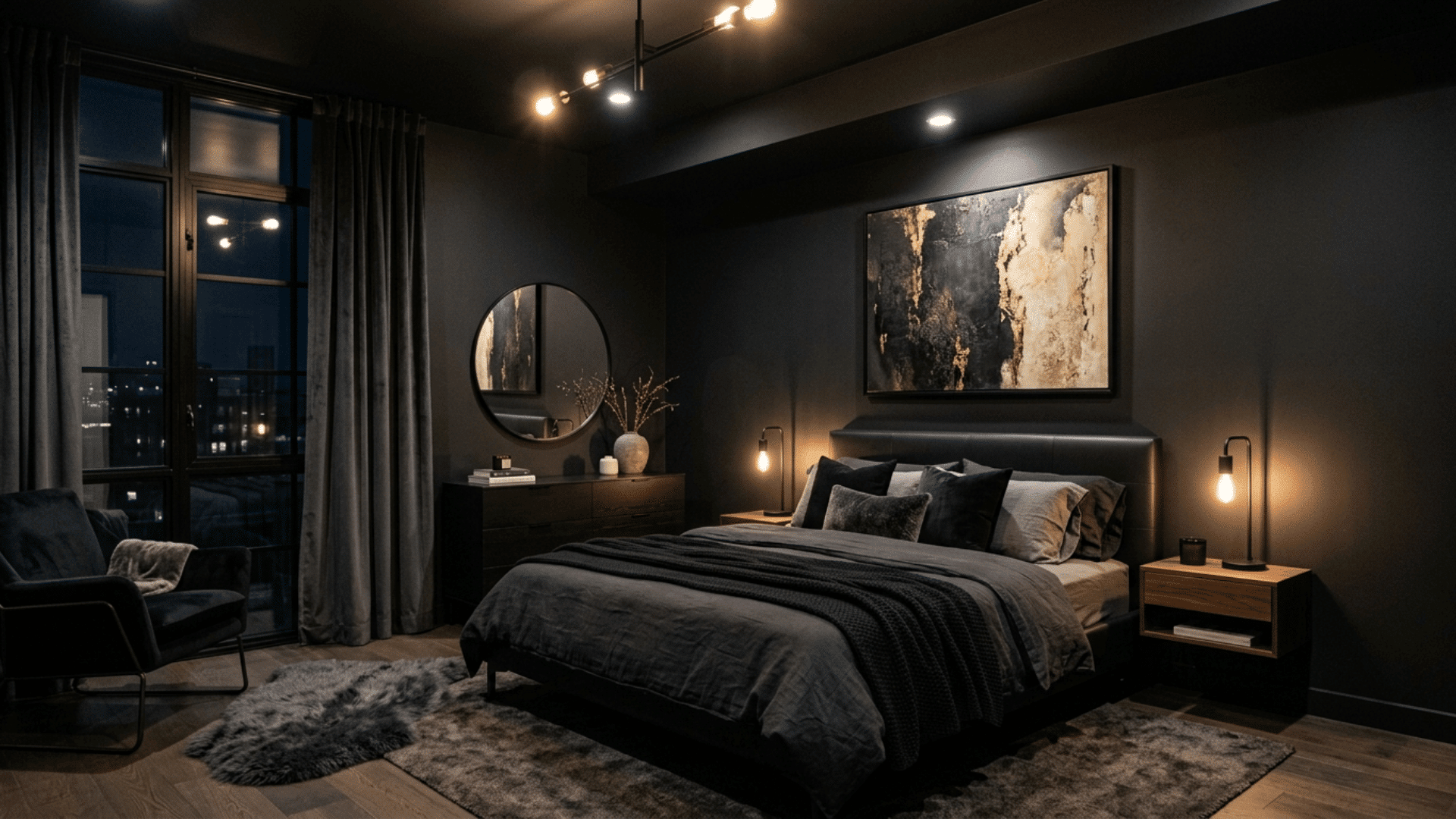 modern black bedroom with dramatic lighting, sleek furniture, textured bedding, and city view creating a bold atmosphere