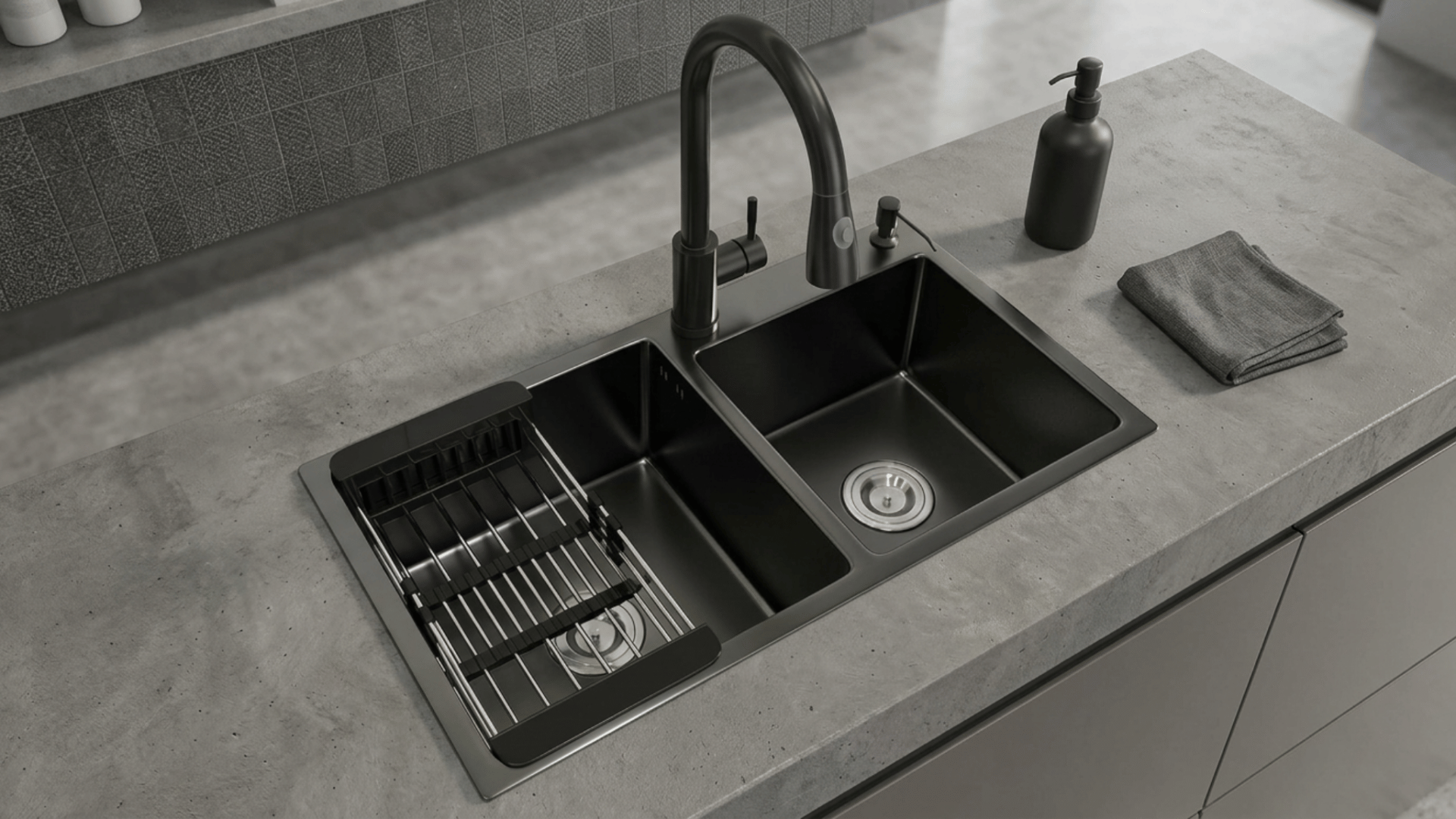 modern black double bowl kitchen sink with drying rack and faucet on concrete countertop clean setup