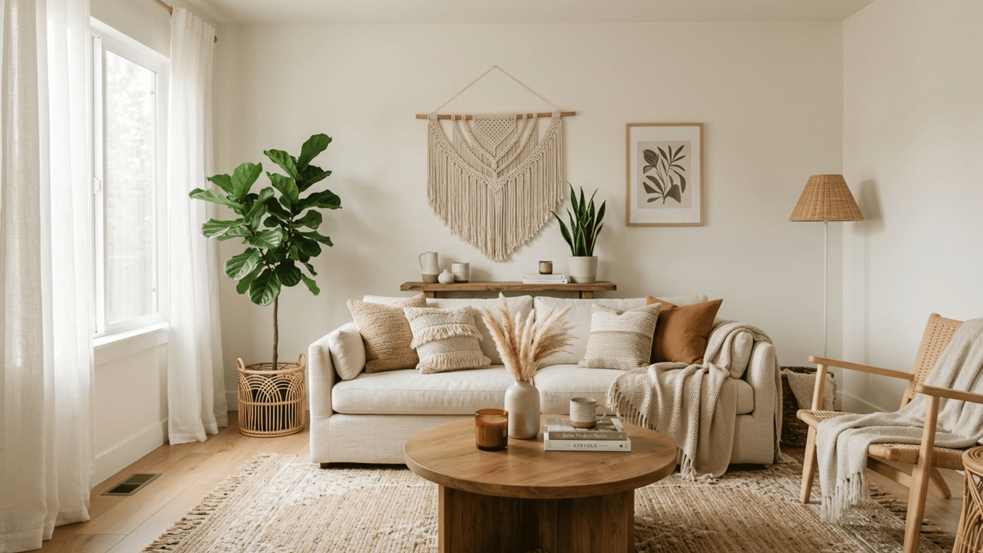modern boho living room with neutral tones, macrame wall art, plants, and layered textures.