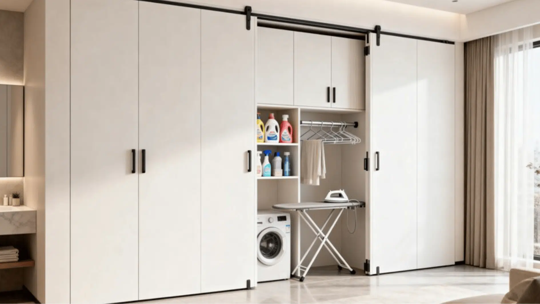 modern built-in laundry closet with sliding doors, washing machine, ironing board, and neatly arranged cleaning supplies