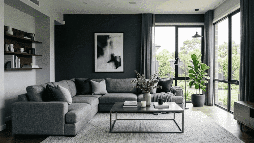 modern charcoal gray living room with dark feature wall and metal coffee table