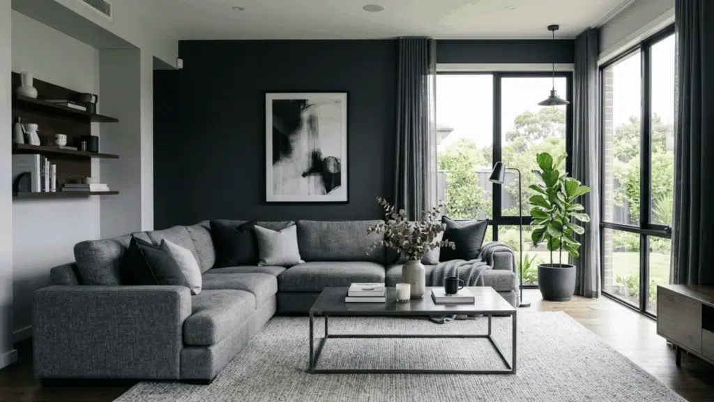 modern charcoal gray living room with dark feature wall and metal coffee table