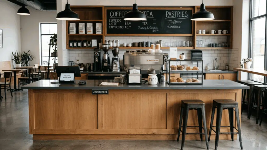 modern coffee shop counter with menu board, stools, and espresso machines.