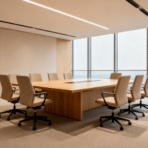 modern conference room with a large wooden table, beige swivel chairs, floor-to-ceiling windows, soft lighting, and a clean minimal office layout with city view