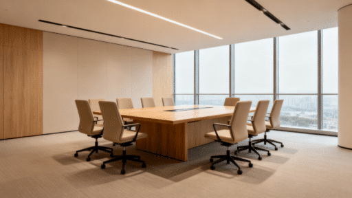 modern conference room with a large wooden table, beige swivel chairs, floor-to-ceiling windows, soft lighting, and a clean minimal office layout with city view