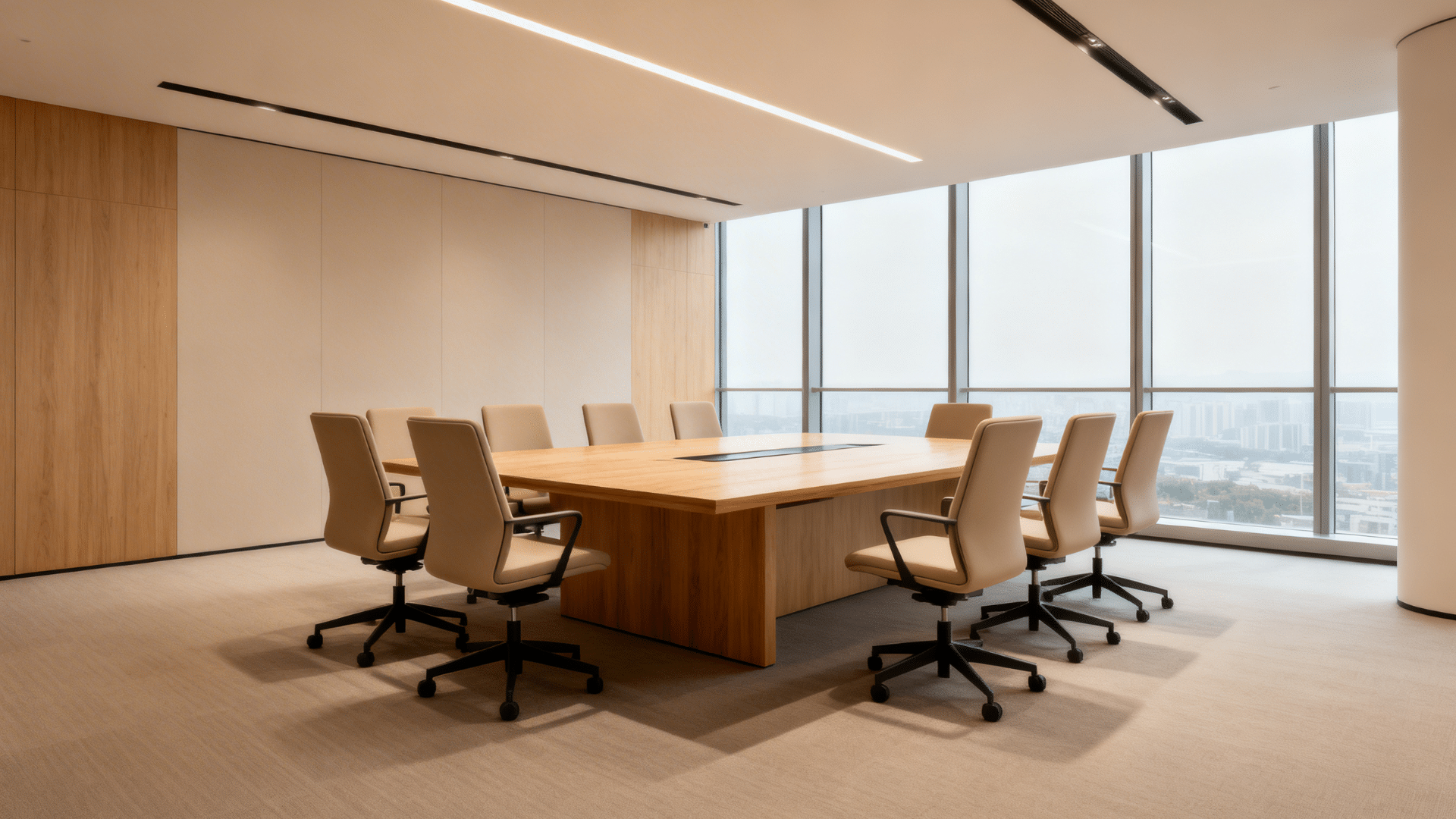 modern conference room with a large wooden table, beige swivel chairs, floor-to-ceiling windows, soft lighting, and a clean minimal office layout with city view
