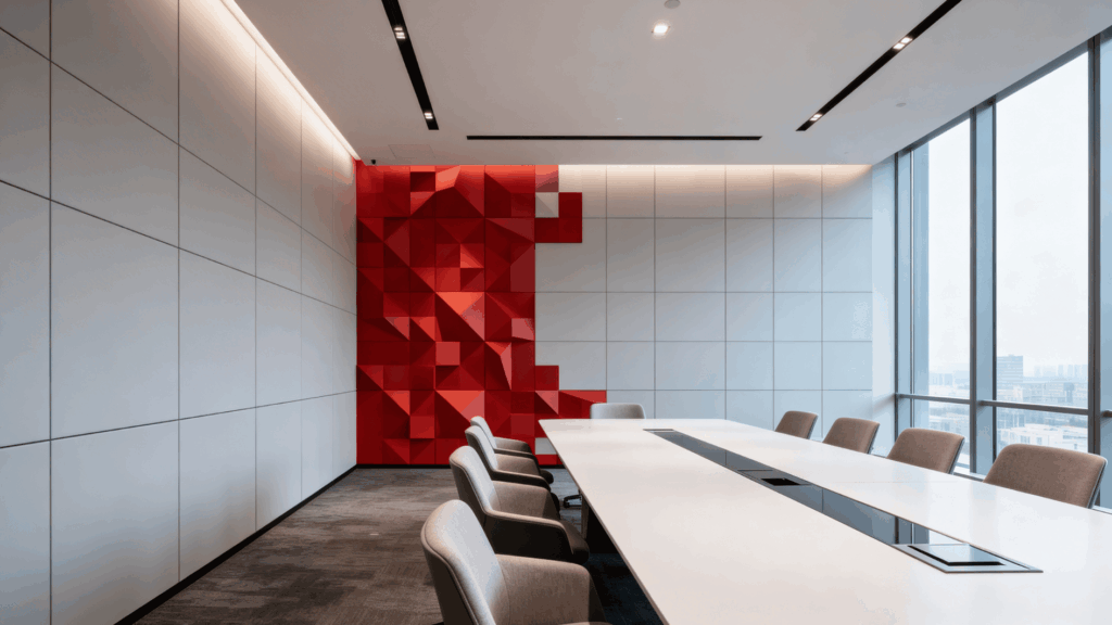 modern conference room with long table chairs large windows and geometric red accent wall in clean minimal office setting