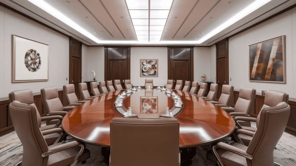 modern conference room with long table, office chairs, acoustic wall panels, ceiling lights, and plants in a clean professional setting