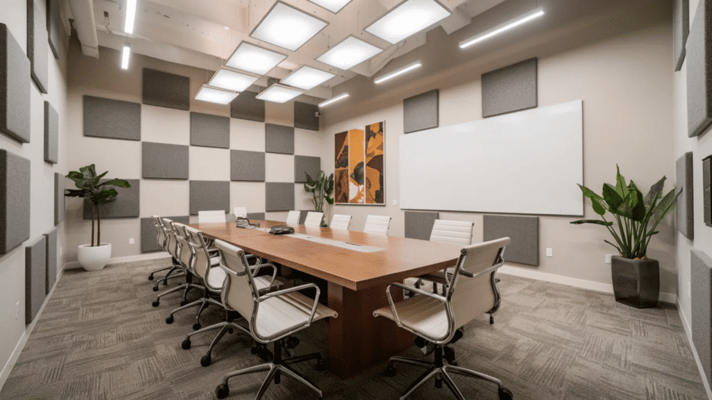 modern conference room with long table, office chairs, acoustic wall panels, ceiling lights, and plants in a clean professional setting