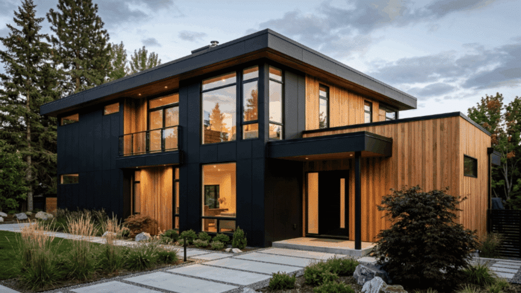 modern contemporary house exterior with black cladding, natural wood accents, large windows, and clean architectural lines