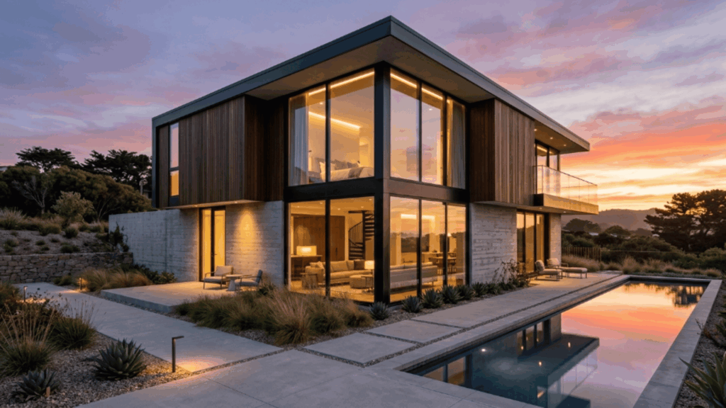 modern contemporary house exterior with corner glass windows, wood accents, and minimalist landscaping