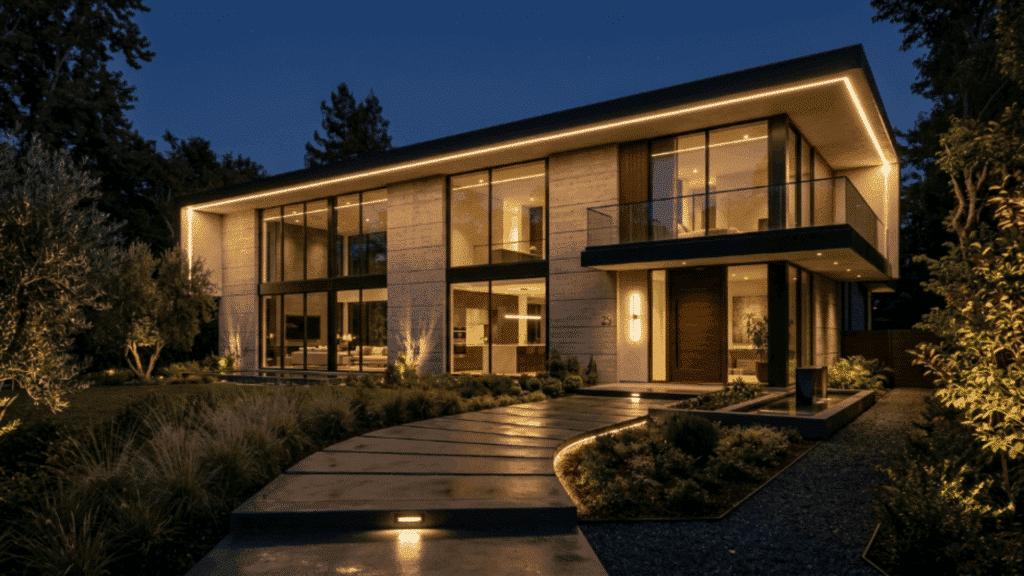 modern contemporary house exterior with integrated LED lighting highlighting clean architectural lines at night