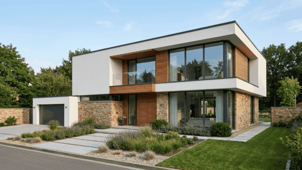 modern contemporary house exterior with natural stone base white walls large windows and minimalist landscaping
