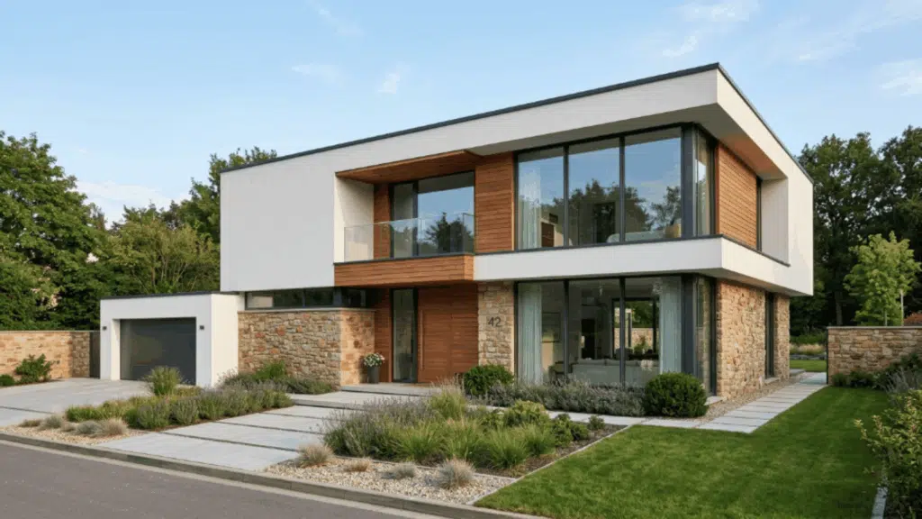 modern contemporary house exterior with natural stone base white walls large windows and minimalist landscaping