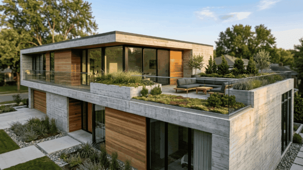 modern contemporary house exterior with rooftop garden, flat roof design, and minimalist architecture