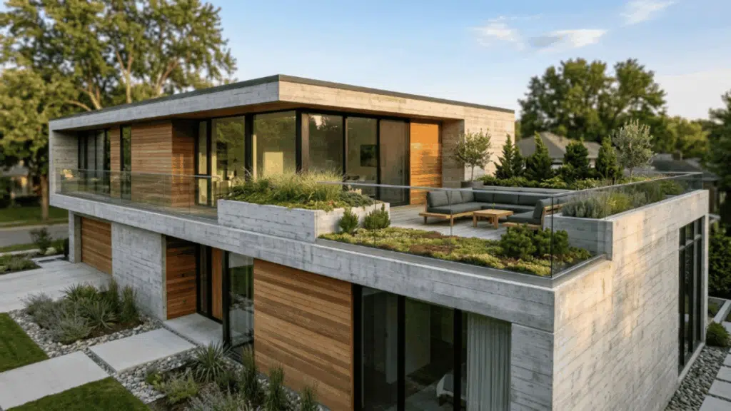 modern contemporary house exterior with rooftop garden, flat roof design, and minimalist architecture