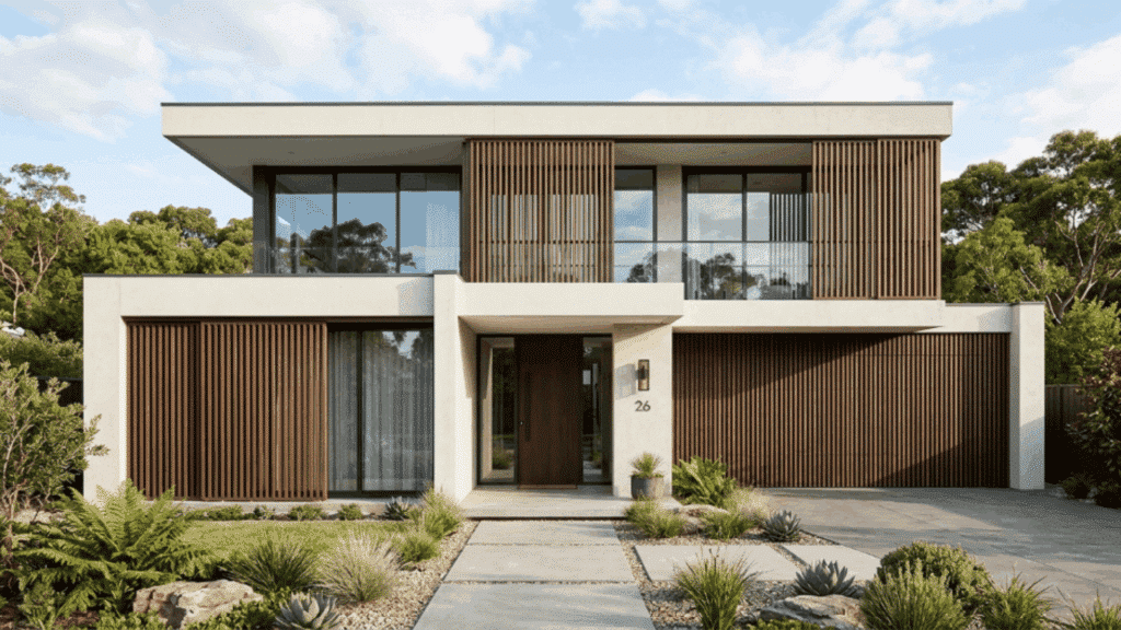 modern contemporary house exterior with wooden screen panels, large windows, and clean minimalist design