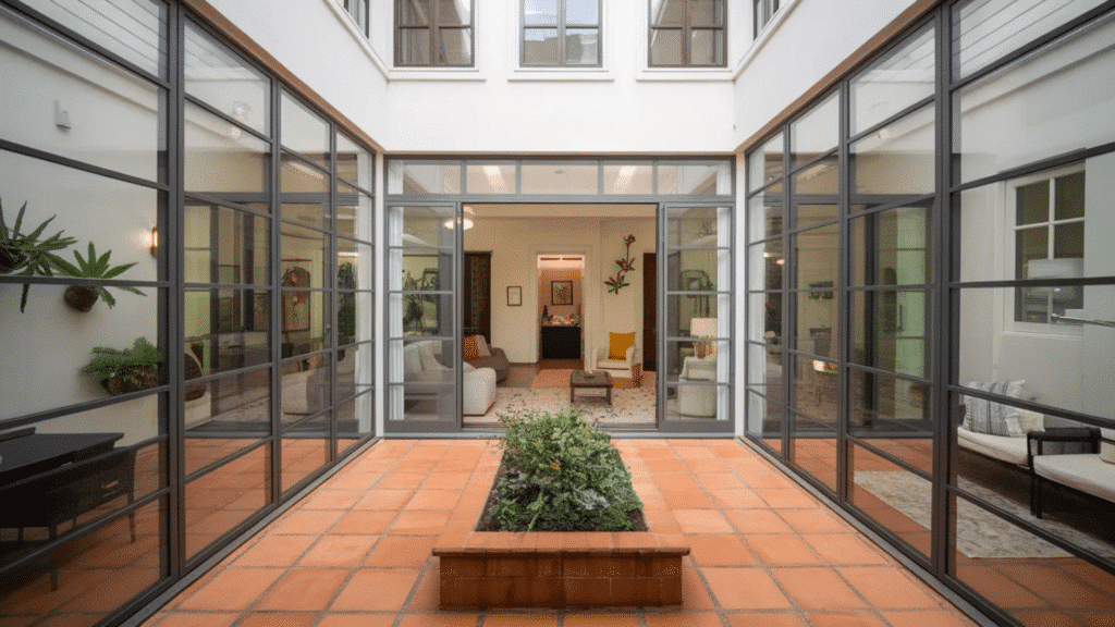 modern courtyard with terracotta tile flooring, black framed glass doors, and central planter leading into bright living space